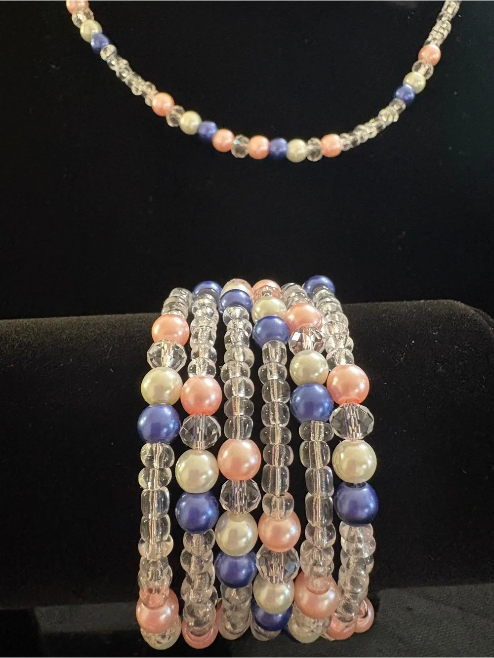 Pearl Bead Multi-Strand Necklace & Bracelet Set in Blue, Pink, Ivory